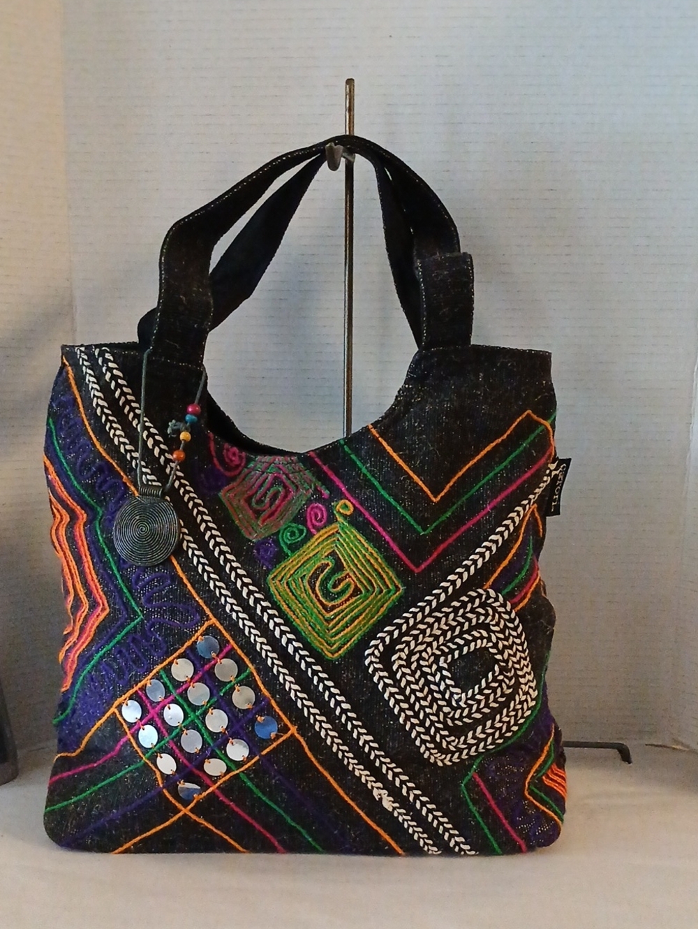 Catori Boho Embroidered Black Shoulder Bag with Multicolor Accents